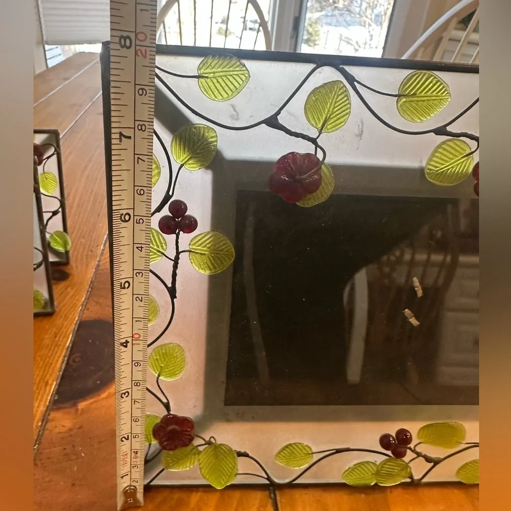 Decorative Glass Photo Frame Set with Green and Red Accents Plus 2 Voltives